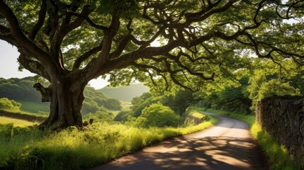 Path way through the autumnal forest natural way, road to the tropical forest field, relaxing with ecological environment, freedom lifestyle concept, Generative AI illustration