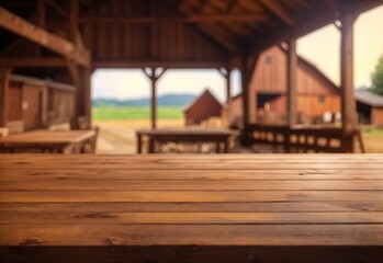 Fototapeta na wymiar The empty wooden brown table top with blur background of farm and barn