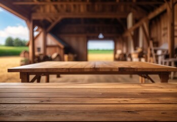 The empty wooden brown table top with blur background of farm and barn