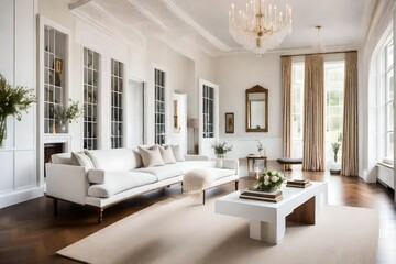 Fototapeta premium modern living room with furniture, white themed furniture, luxury lifestyle - Generative AI