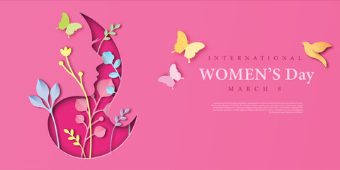 Illustration of face,Butterflies and flowers style paper cut with copy space for international Women's Day