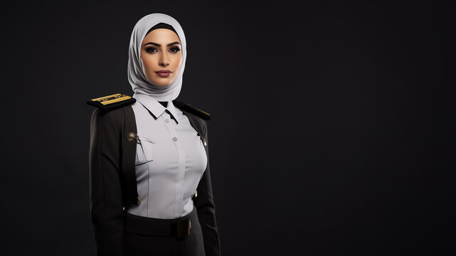 H&uuml;bsche Arabische Pilotin f&uuml;r Transport und Passagier Flugzeuge in Uniform mit Hijabi Kopftuch, ai generativ