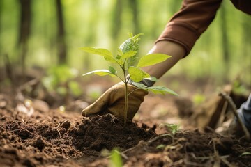 A person holding a plant in the dirt. Generative AI. Planting trees for green sustainable future. - obrazy, fototapety, plakaty