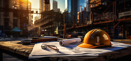 Yellow hard hat on the plans for house construction. City street at sunset at backdrop in blur.