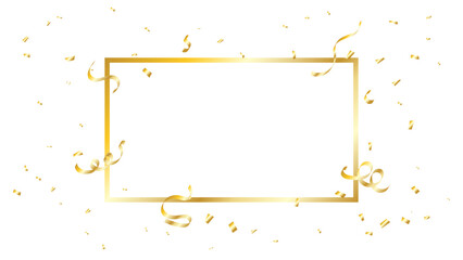 Golden Tiny Confetti And Streamer Ribbon Falling On White Background With Frame. Vector