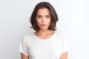 Portrait of beautiful serious brunette woman focused at camera has dark hair combed in bun dressed in casual t shirt isolated over white background. Confident Indian female model with calm expression