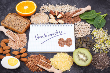 Nutritious ingredients and inscription hashimoto. Healthy food containing vitamins. Problems with thyroid concept