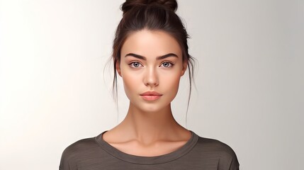 Confident Young Woman with Attractive Bun Hairstyle and Brown Hair