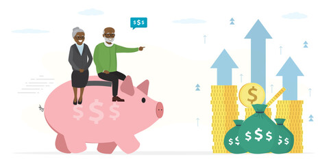 Smart grandparents ride piggy bank to wealth. Protection of savings. Elderly couple searching way to profit and dividends. Pension fund with good money management, passive income