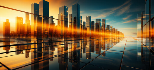 Street with dark tiles reflecting sky. Skyline of modern buildings at sunset at backdrop. Low angle view.