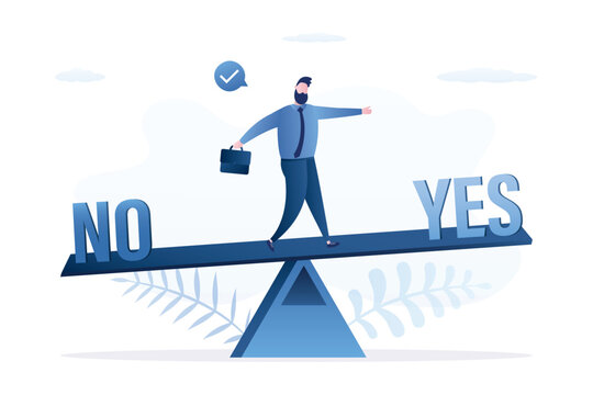 Businessman goes on seesaw from No sign to Yes text. Ambition man balances between YES and NO. decision making concept. Risk management. Successful negotiation, agreement.