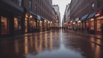 Deurstickers Smal steegje downtown city alley with shop and store building on evening after rain - Generative AI