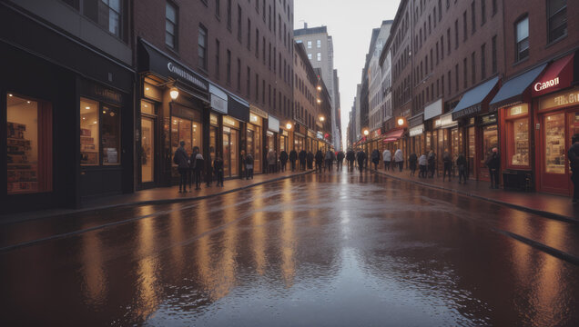 downtown city alley with shop and store building on evening after rain - Generative AI