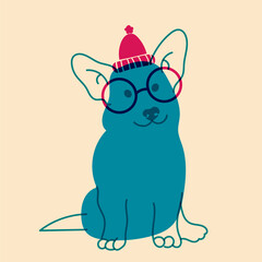 Dog, puppy hat in glasses. Avatar, badge, poster, logo templates, print. Vector illustration in a minimalist style  with Riso print effect. Flat cartoon style