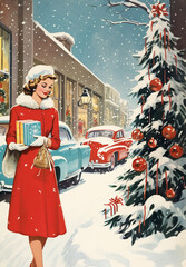 Retro Christmas Card illustration, '50s Christmas party, Red dress, Scrapbook, Junk Journal, Paper Crafts, Vintage Retro Christmas Card '60s