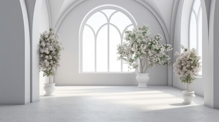 Illustration of a white room filled with beautiful flower arrangements in vases in front of a window