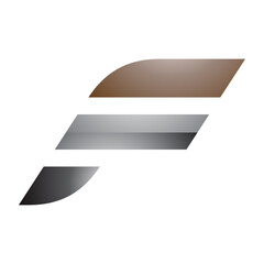 Brown and Grey Glossy Letter F Icon with Horizontal Stripes