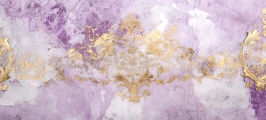 Distressed painted antique wall in orchid pink and gold, golden shiny rococo ornaments. Beautiful decayed, weathered, teared luxury vintage surface., texture.