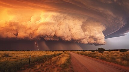 The sunset has emphasized a stunning, massive thundercloud. Orange grass has taken over the steppe. - obrazy, fototapety, plakaty