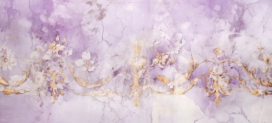 Distressed painted antique wall in orchid pink and gold, golden shiny rococo ornaments. Beautiful decayed, weathered, teared luxury vintage surface., texture. - obrazy, fototapety, plakaty