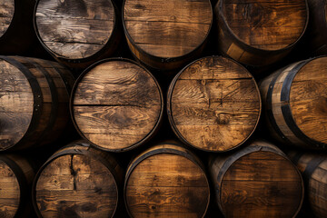Detailed shot of wooden barrels texture, an authentic and rustic backdrop Generative AI