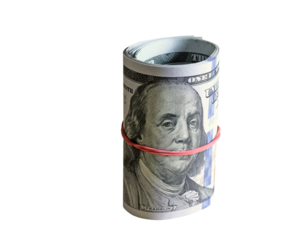 Roll of 100 US dollar banknotes tied with red rubber band. Isolated money cutout on transparent background.