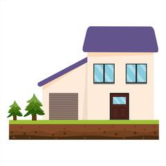 Vector illustration of a comfortable modern citizen's house and garage with a clean yard