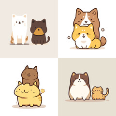 Cute Cat and Dog in Yellow and Orange: Minimalist Organic Line Art Hand-Drawn