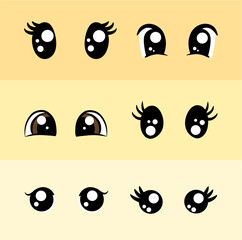 Kawaii manga style female cute eyes set. Drawing doll eyes, eyes for mascot. Beautiful eyes with female eyelashes.