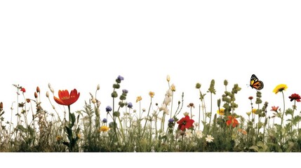 On a white background, ten various flowers from a meadow with grass and a butterfly may be seen in a row. - obrazy, fototapety, plakaty