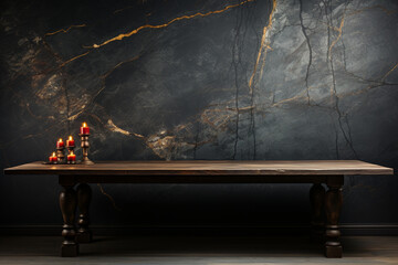 Empty black marble countertop table against contrasting black wall backdrop Generative AI