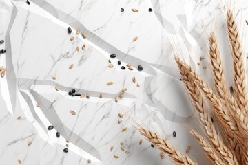 Wheat grains and ears of wheat are arranged on a backdrop of white concrete