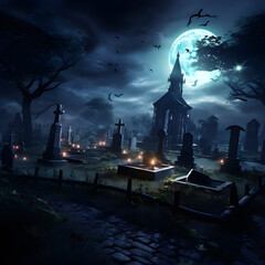 Halloween festival and pumpkins in the cemetery on a night with ghosts in the night - Halloween background