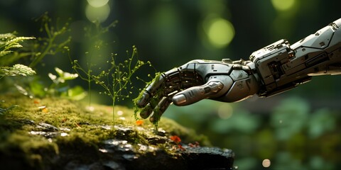 robotic hands on green nature background - obrazy, fototapety, plakaty