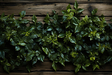 Fototapeta na wymiar Foliage thrives behind wooden backdrop, a living tapestry of lush beauty Generative AI
