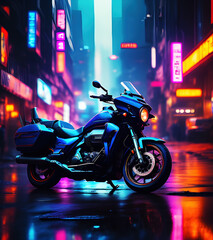Motorcycle on the street of neon lit city,m generative ai illustration