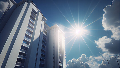 Obraz na płótnie Canvas Blue sky with white clouds and sun over a residential building in the summer, Ai generated image
