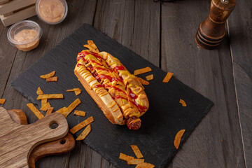 Three delicious hotdogs on dark wood background
