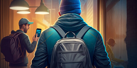 A pickpocket thief seen from the back view, stealing a smartphone from a person's pocket in an outdoor setting - Generative AI