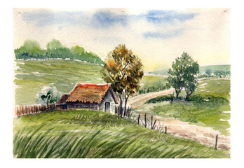 watercolor illustration landscape scenery with house