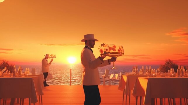 Waiter serving champagne on a tray.Summer beach sunse.Generative AI
