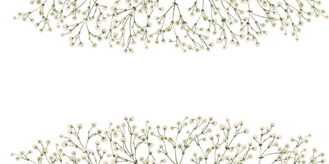 Frame design with watercolor white gypsophila flowers. Botanical flower illustration for postcards, greetings, invitations, banners with white empty space for your text. - obrazy, fototapety, plakaty