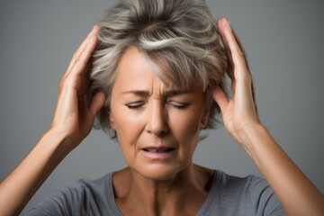 Mature woman suffering from headache on grey background. Health care concept