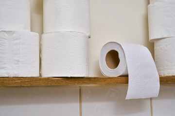White toilet paper on a bathroom shelf.