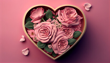 Pink roses in a heart shaped box on a pink background, Ai generated image