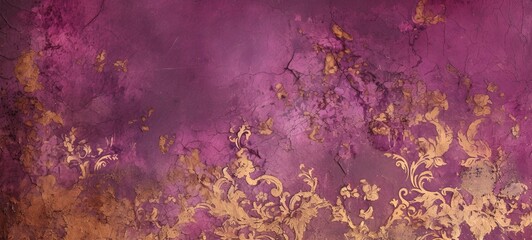 Distressed painted antique wall in dark magenta, dark pink, dark purple and gold, golden shiny rococo ornaments. Beautiful decayed, weathered, teared luxury vintage surface., texture.