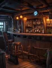 Fototapeta na wymiar A cozy and cluttered pirate den bar after a wild party night - generative ai 