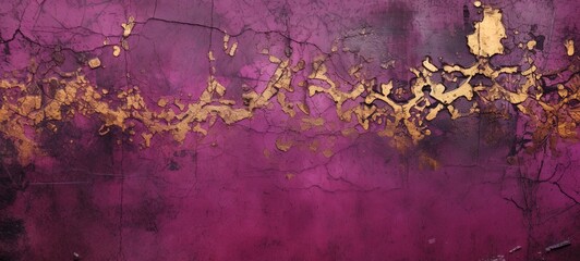 Distressed painted antique wall in dark magenta, dark pink, dark purple and gold, golden shiny rococo ornaments. Beautiful decayed, weathered, teared luxury vintage surface., texture.