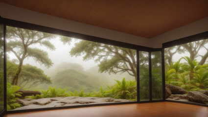 view of the misty forest through the big glass door on empty room - Generative AI