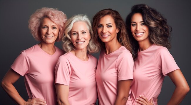 Studio Shot Of A Group Of Smiling Women In Pink Clothes Are Posing Together